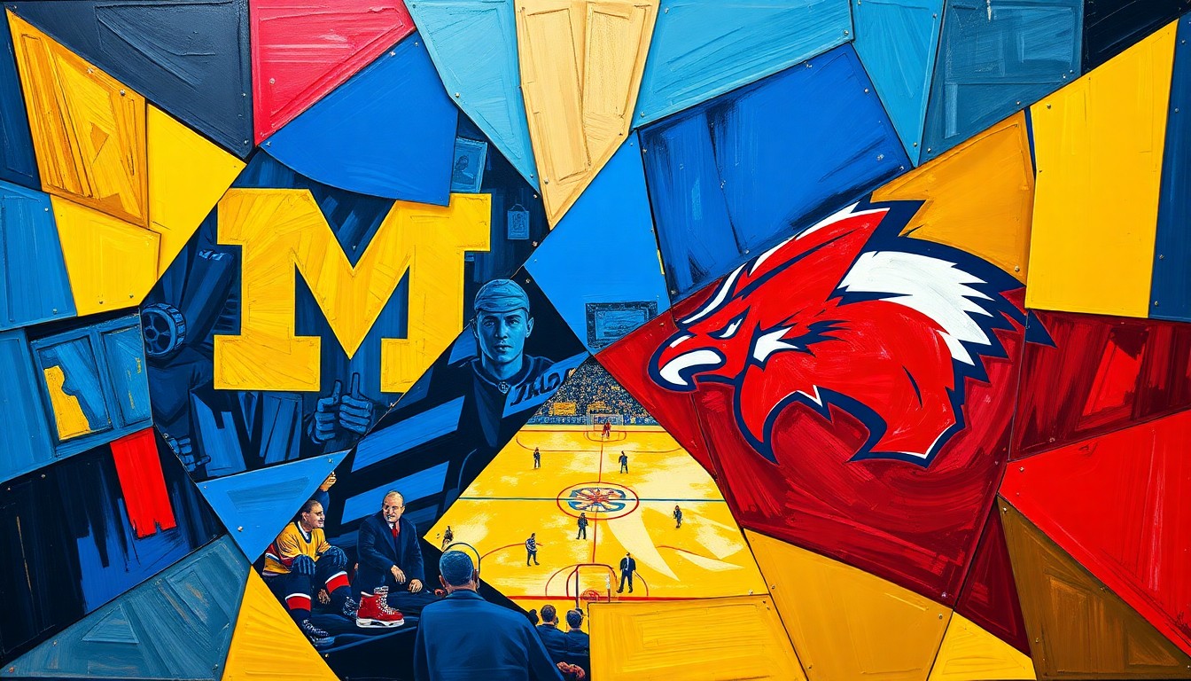 A fractured, geometric painting in vibrant blues, golds, and reds, depicting the dynamic action and overlapping perspectives of a college hockey game.