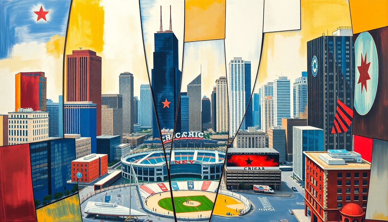 A cubist, geometric painting depicting a fragmented view of a downtown Chicago cityscape with a sports stadium, using the vibrant colors of the Chicago flag to capture the multifaceted nature of this debate.