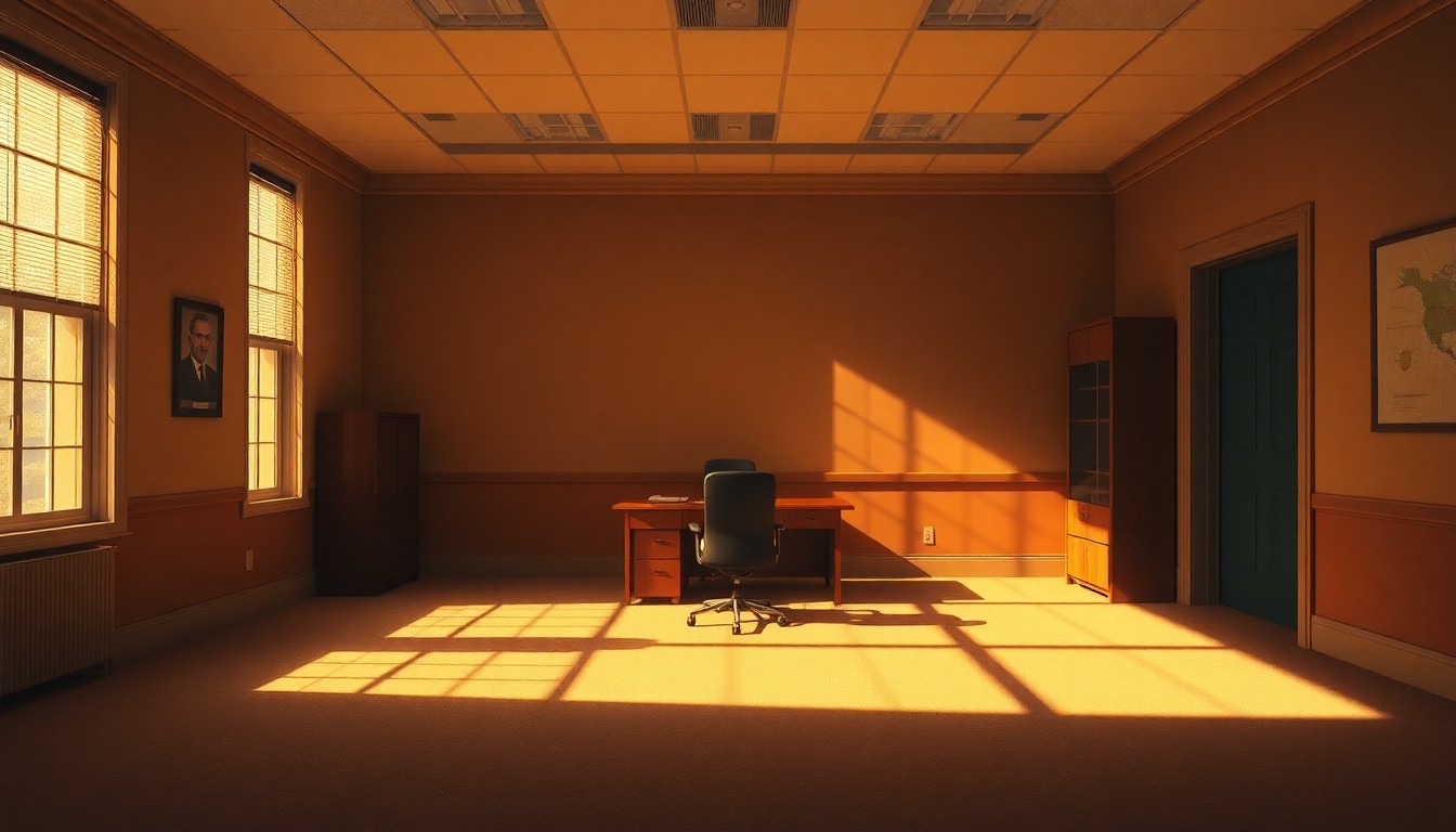 A dimly lit, cinematic painting of an empty government office space with a single desk and chair, conveying a sense of solitude and political tension.