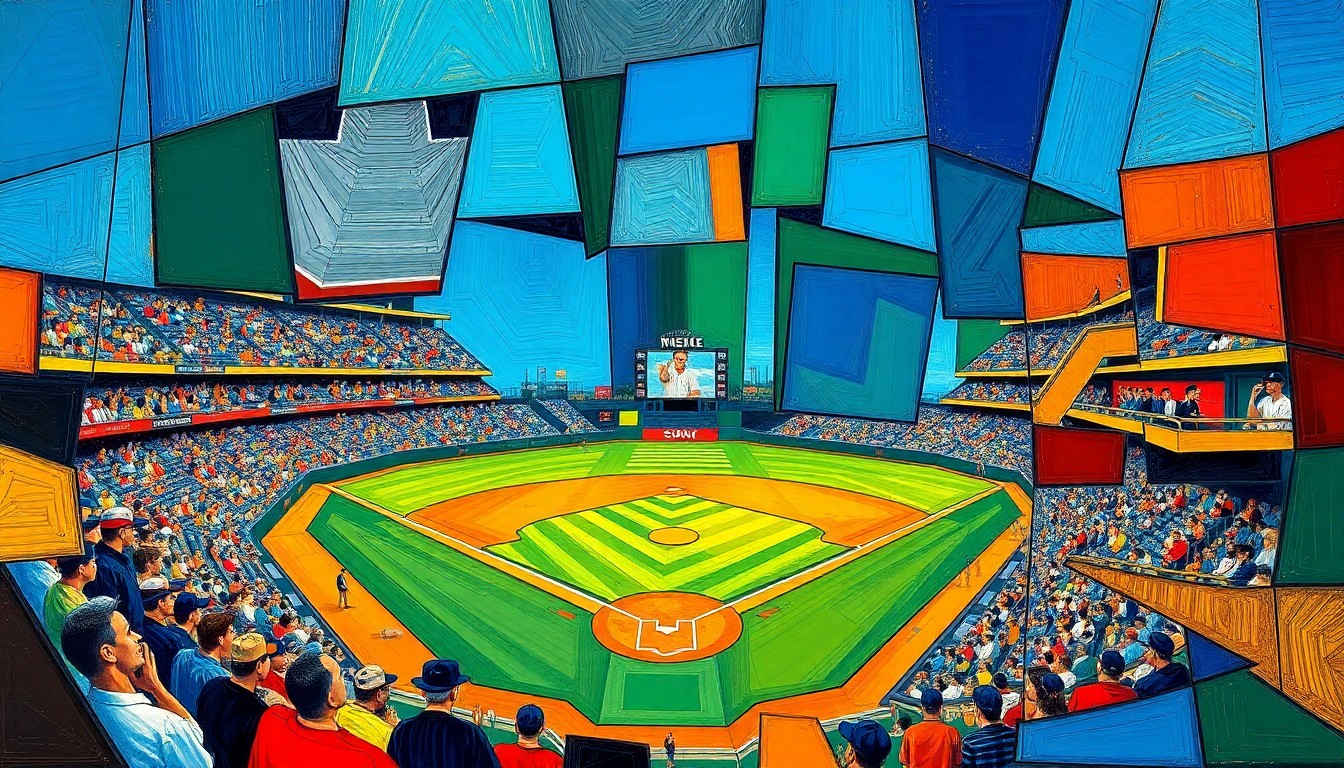 A fragmented, geometric painting depicting a baseball game, with overlapping planes of color and shape representing the action on the field.