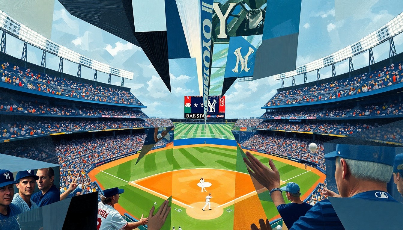A fragmented, geometric painting depicting a baseball game in motion, with overlapping shapes and planes representing the players, field, and action on the field.