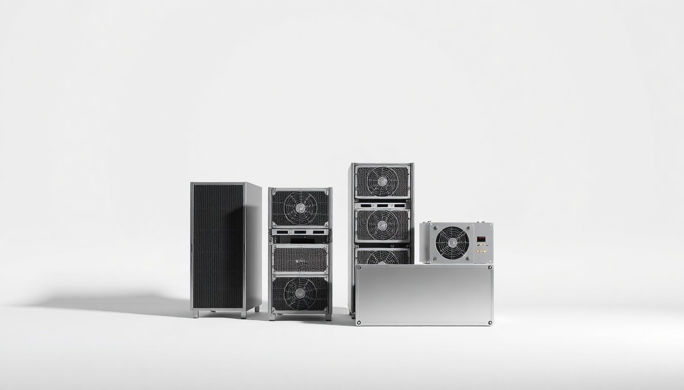 A photorealistic studio still life featuring polished metal data server racks and geometric cooling units arranged elegantly on a clean, monochromatic background, conceptually representing the abstract corporate infrastructure behind a controversial data center project.