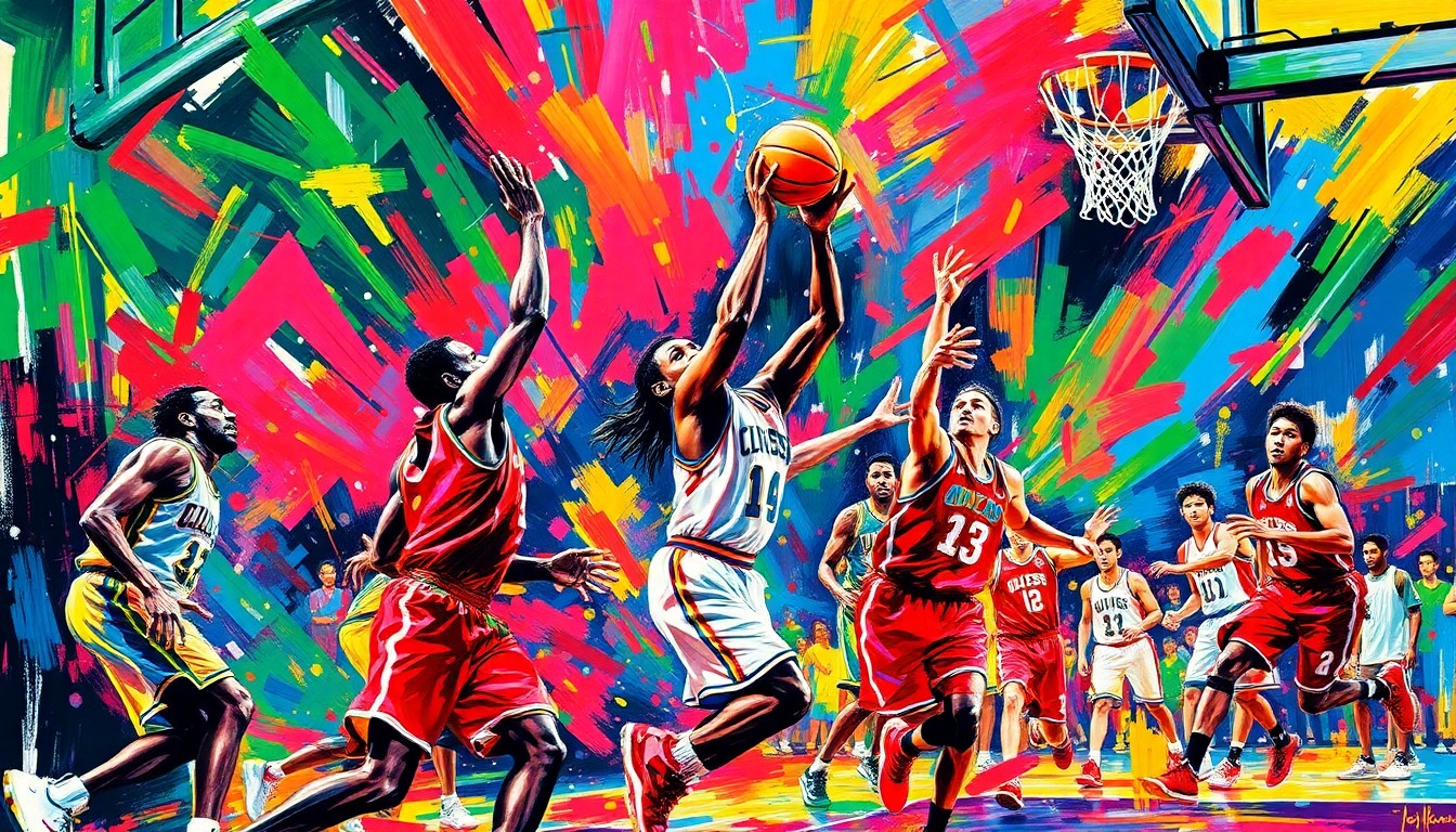 An abstract, neon-colored painting depicting the frenetic energy of a basketball game, with players' forms blending into vibrant, expressive brushstrokes.