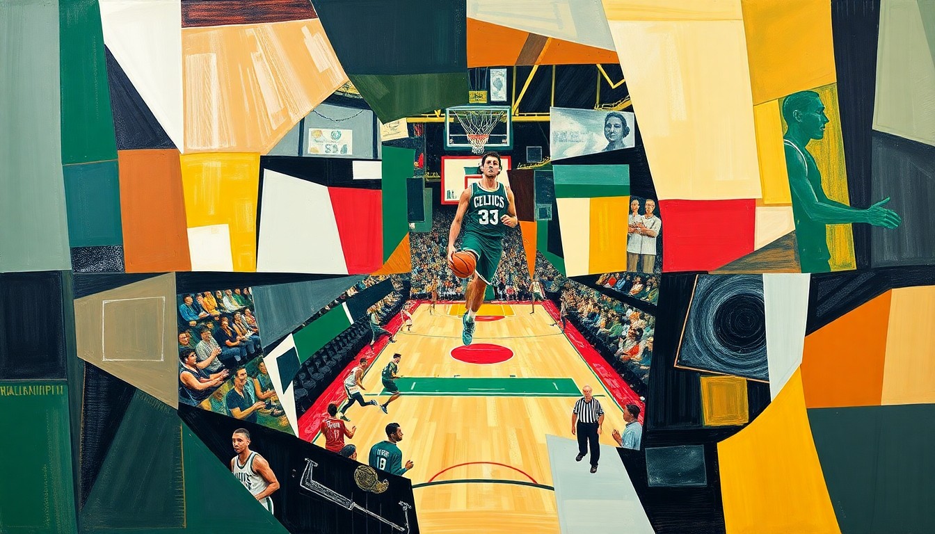 A cubist, geometric painting depicting overlapping planes of basketball players in motion, representing the Celtics' dynamic team performance in their playoff-clinching victory.