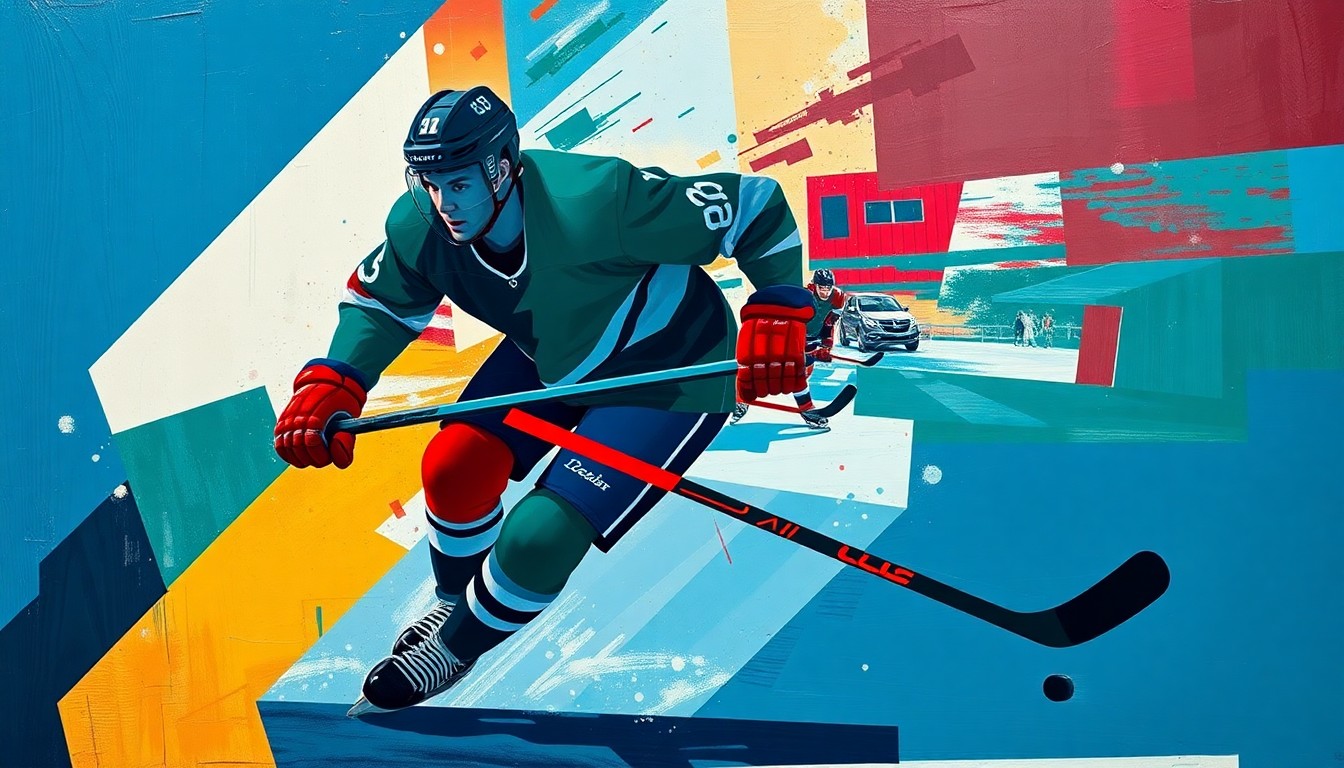 A fragmented, geometric painting depicting a hockey player in mid-motion, with sharp planes of navy, green, and red overlapping to create a dynamic, abstract representation of the sport.