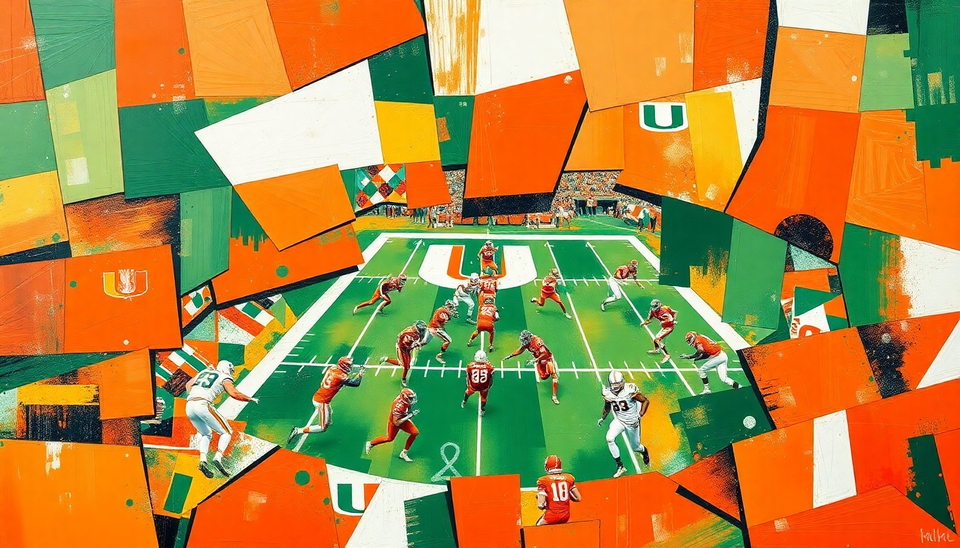 A cubist, geometric painting depicting a Miami Hurricanes football player or game, with sharp, overlapping planes of orange, green, and white, capturing the raw energy and movement of the sport.