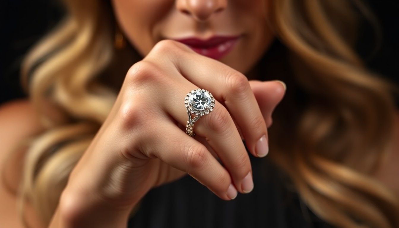 An extreme close-up photograph of a hand wearing a sparkling diamond ring, shot in dramatic high-contrast studio lighting to capture the luxurious, high-fashion glamour of celebrity lifestyle.