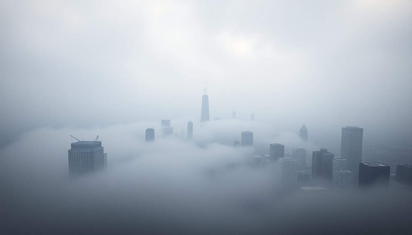 A sweeping, atmospheric landscape painting depicting a hazy, fog-obscured view of Chicago's skyline, with the iconic Willis Tower barely visible in the distance, dwarfed by the overwhelming scale of the moody, overcast conditions.