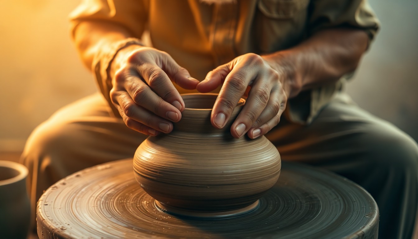 An abstract, out-of-focus photograph depicting the hands of an elderly man carefully shaping a clay pot on a pottery wheel, surrounded by a warm, hazy light wash in earthy tones, conceptually representing the dedication and creative spirit of a centenarian artist.