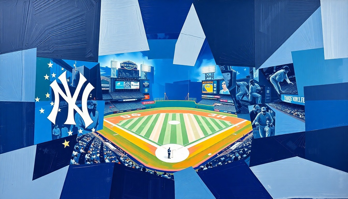 A cubist, geometric illustration depicting a baseball game in motion, with fragmented shapes and planes of color representing the players, field, and action on the diamond.