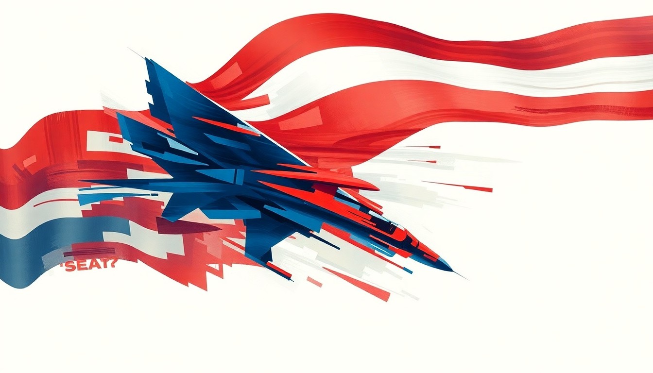 A dynamic, abstract painting featuring overlapping geometric shapes and waves of red, white, and blue colors, conveying a sense of motion and tension around the topic of the US-Iran conflict.