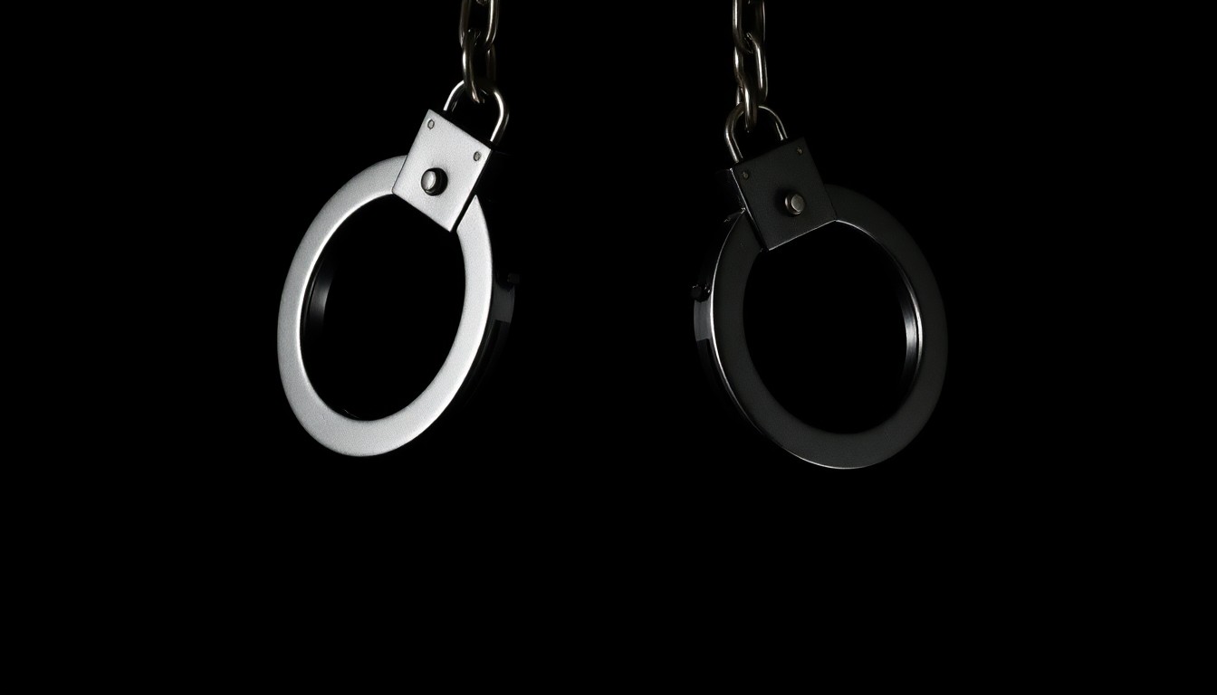 An extreme close-up photograph of metal handcuffs against a stark black background, conceptually representing the apprehension of a fugitive accused of a serious crime.