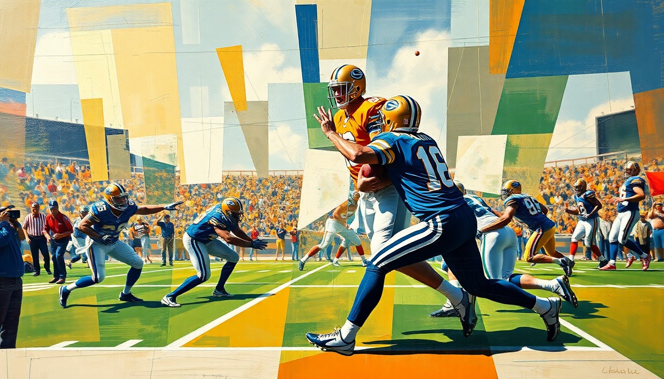 A cubist, geometric painting that breaks down a football player's movements and actions into sharp, overlapping planes of color and shape, conceptually representing the multifaceted nature of a professional athlete's career.