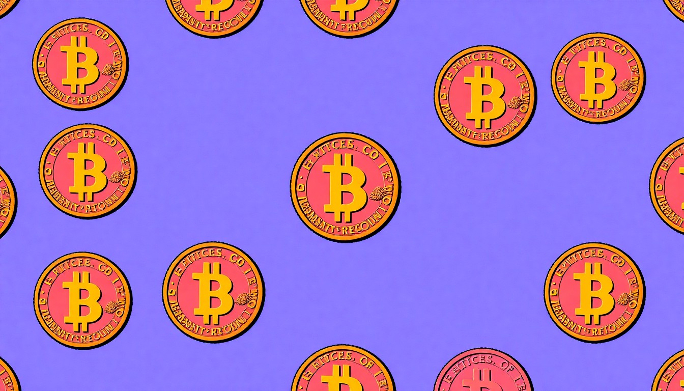 A bold, graphic illustration of a single gold coin repeated in a grid pattern, rendered in a high-contrast, silkscreen style with a neon color palette, conceptually representing the excitement of a community treasure hunt.