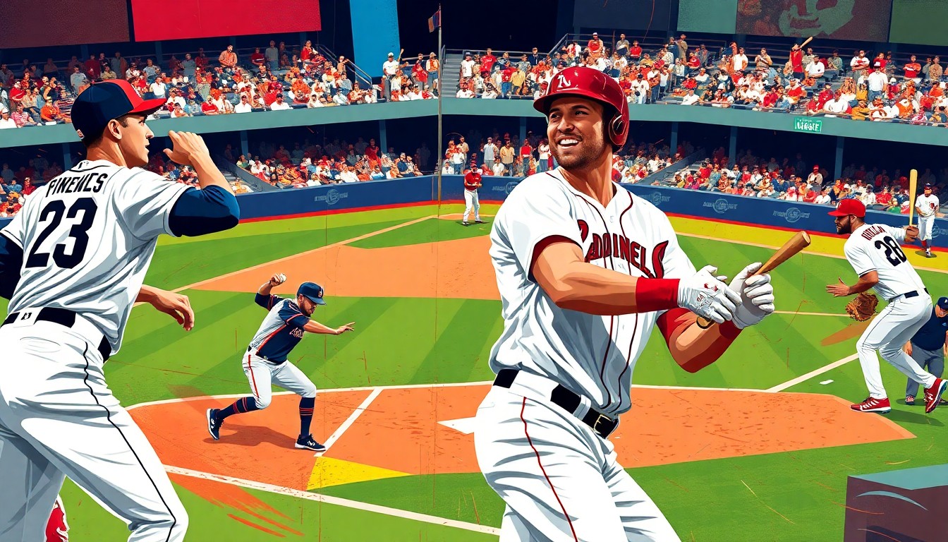 A cubist-style painting featuring overlapping geometric shapes and planes in shades of blue, orange, and green, representing the dynamic energy and shifting momentum of the baseball game between the Tigers and Cardinals.