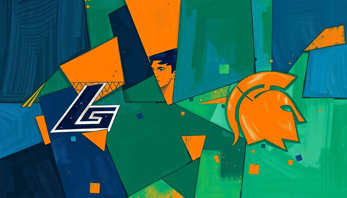 A fractured, geometric painting depicting the dynamic action of a basketball game, with sharp planes of navy, green, and orange hues capturing the energy and intensity of the Gonzaga-Michigan State matchup.