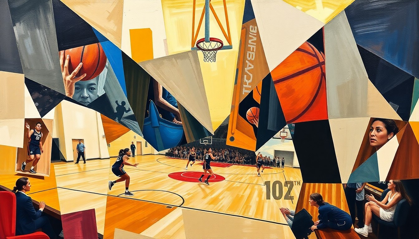 A fractured, cubist-style painting depicting the chaotic energy of a women's basketball game, with players and the court broken down into sharp, overlapping geometric shapes and planes of color.