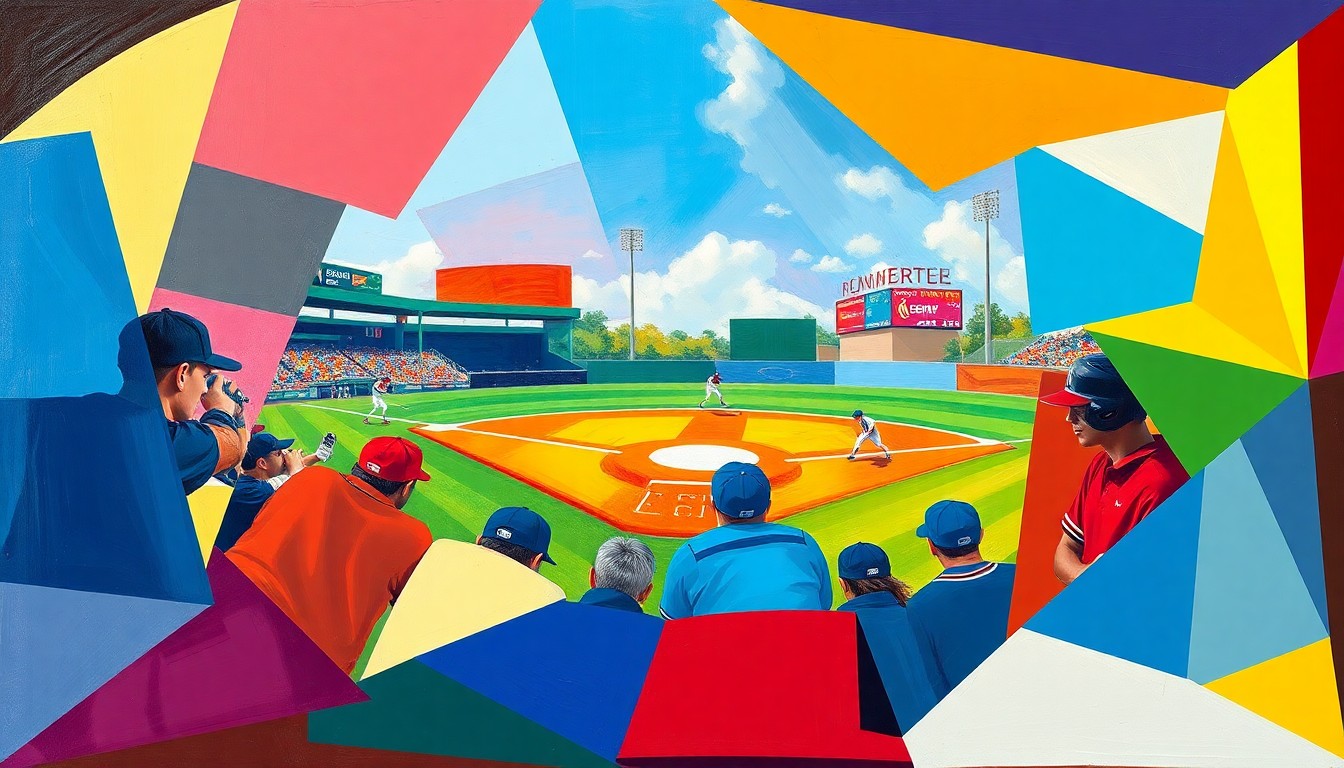 A cubist-style painting featuring overlapping geometric shapes in Oregon's green and yellow colors, as well as Maryland's red and white, capturing the dynamic action of a softball game in an abstract, deconstructed manner.
