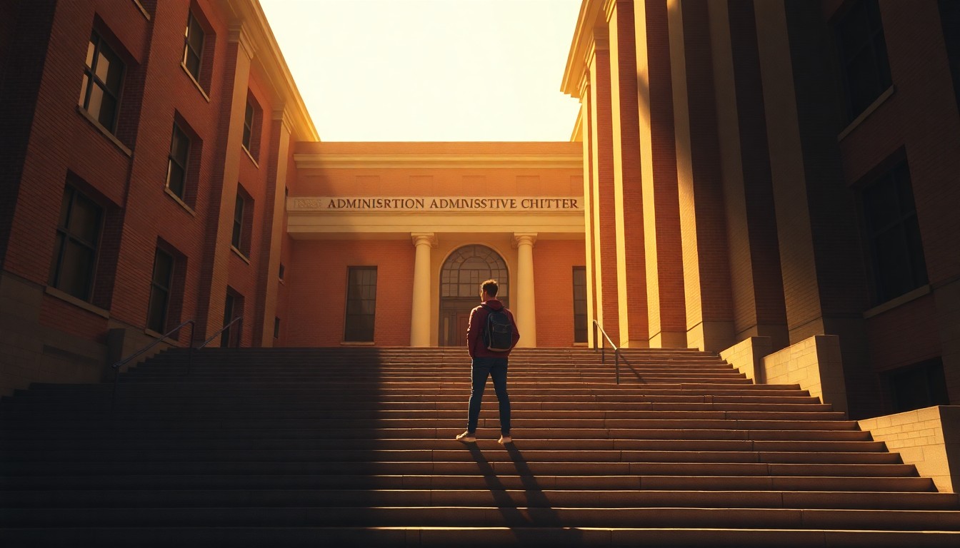 A cinematic painting of a lone student organizer standing on the steps of a university administration building, the scene bathed in warm, diagonal sunlight and deep shadows, conceptually illustrating the tension between student activists and university leadership.