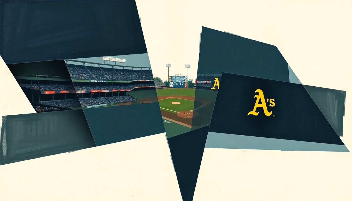 A cubist, geometric painting depicting fragmented, overlapping views of a baseball game, with muted colors of navy, grey, and olive green conveying the cold, somber mood of the Mets' offensive struggles.