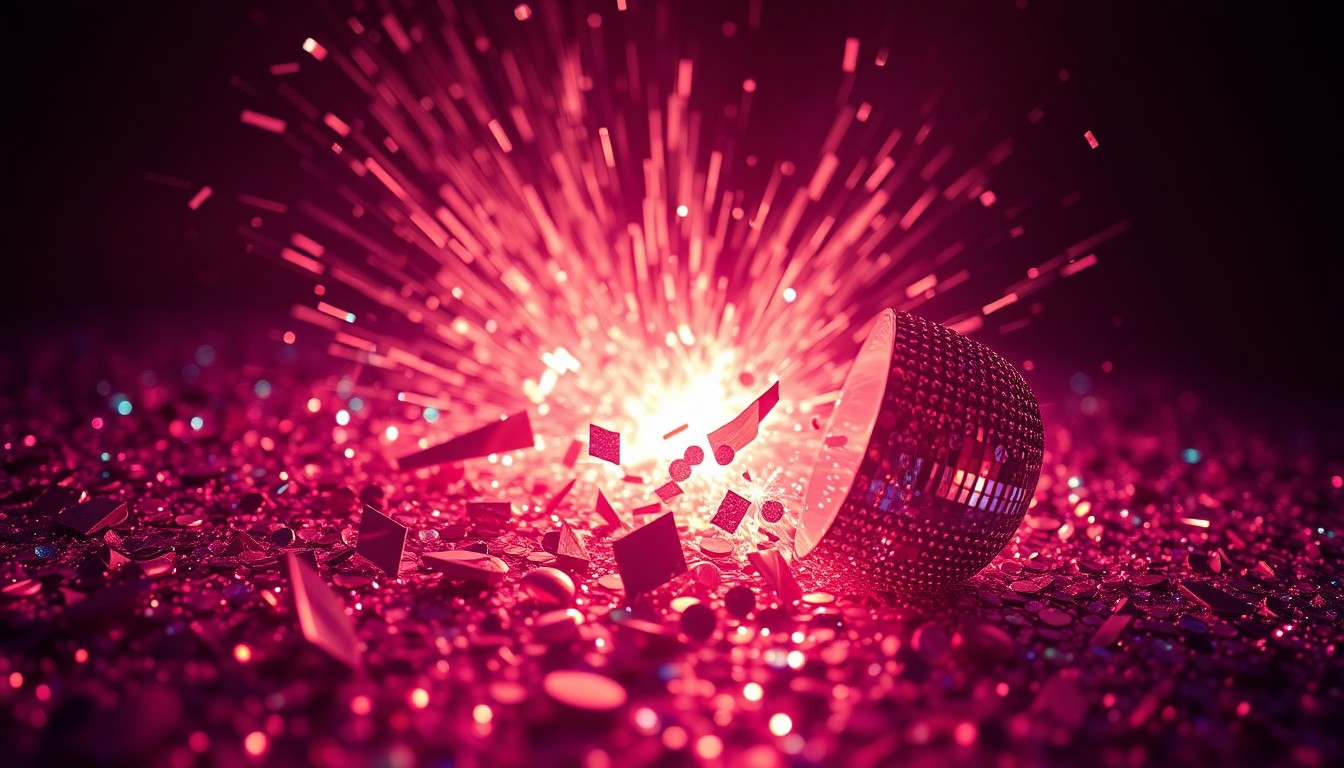 An abstract close-up image of shimmering, high-contrast textures like glittering sequins and shattered glass, evoking the glamorous yet intense energy of the Euphoria Season 3 premiere.