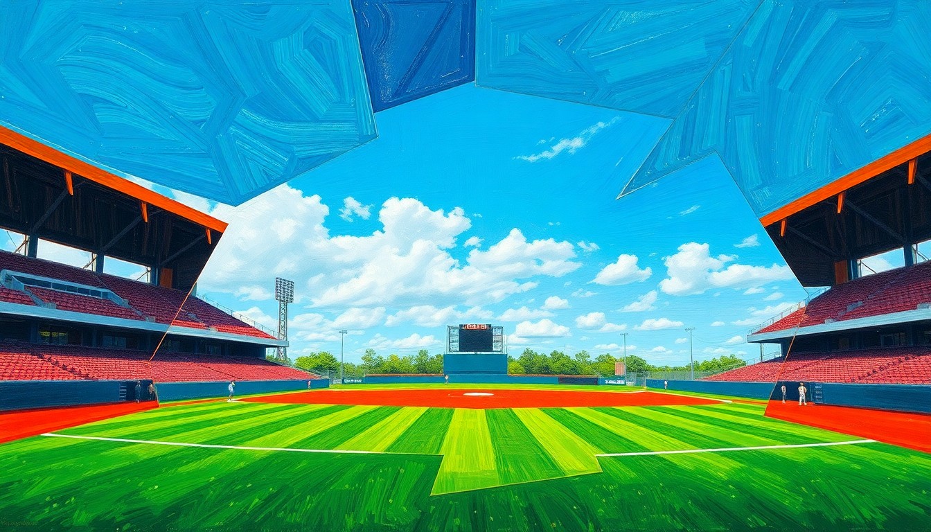 A fragmented, geometric painting depicting a high school baseball game, with overlapping planes of green, red, and blue representing the field, dirt, and sky, conveying the dynamic energy and competitive spirit of the sport.