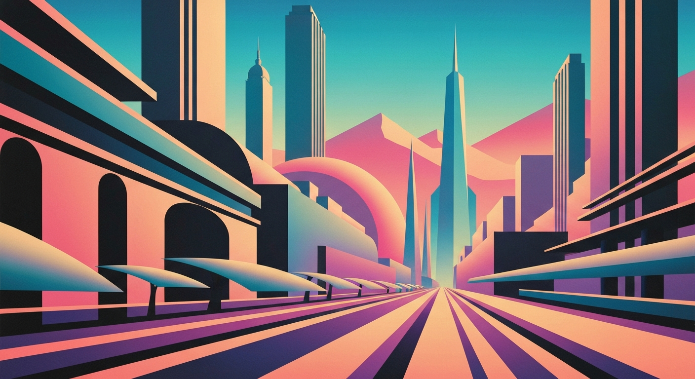 A highly stylized, geometric illustration in the Art Deco Monumentalist style, depicting a sleek, streamlined RV against a backdrop of towering, airbrushed gradients in vibrant colors, capturing the sense of scale and romance of the Fox & Friends road trip.