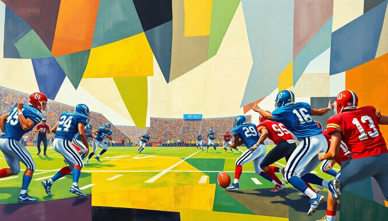 A fragmented, geometric painting depicting the chaotic action of a high school football game, with players and the field reduced to overlapping planes of color and angular shapes.