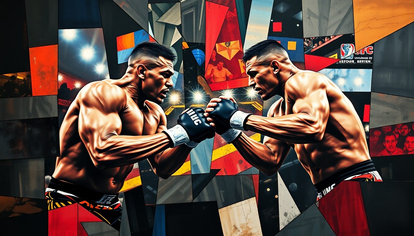 A cubist, fragmented painting depicting the dynamic movements and clashing energies of a UFC welterweight fight, with sharp planes of color and form representing the athletic action.