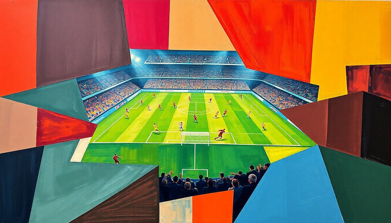 A painting featuring sharp, angular shapes and planes of color that deconstruct and abstract a football game, conveying the dynamic movement and intensity of the sport.