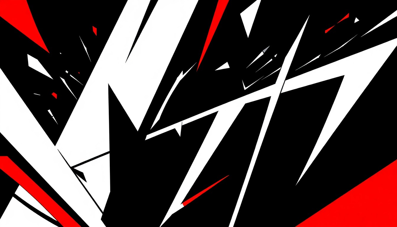 A dynamic, abstract composition of geometric shapes in striking red, black, and white, capturing the excitement and creativity of a comic convention without depicting any specific characters or branding.