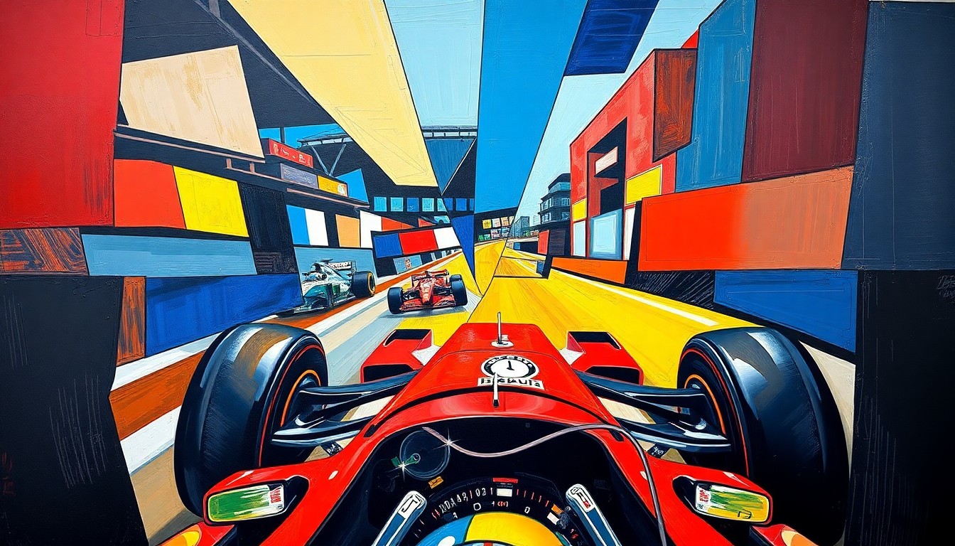 A fractured, geometric painting in bold primary colors, depicting the dynamic motion and energy of a Formula 1 race through a cubist lens, without any recognizable elements.