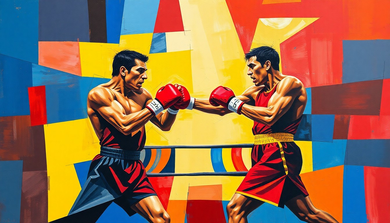 A fragmented, geometric painting in bold colors depicting the action and energy of a boxing match, conveying the conceptual shift in the sport towards emphasizing performance and audience engagement.
