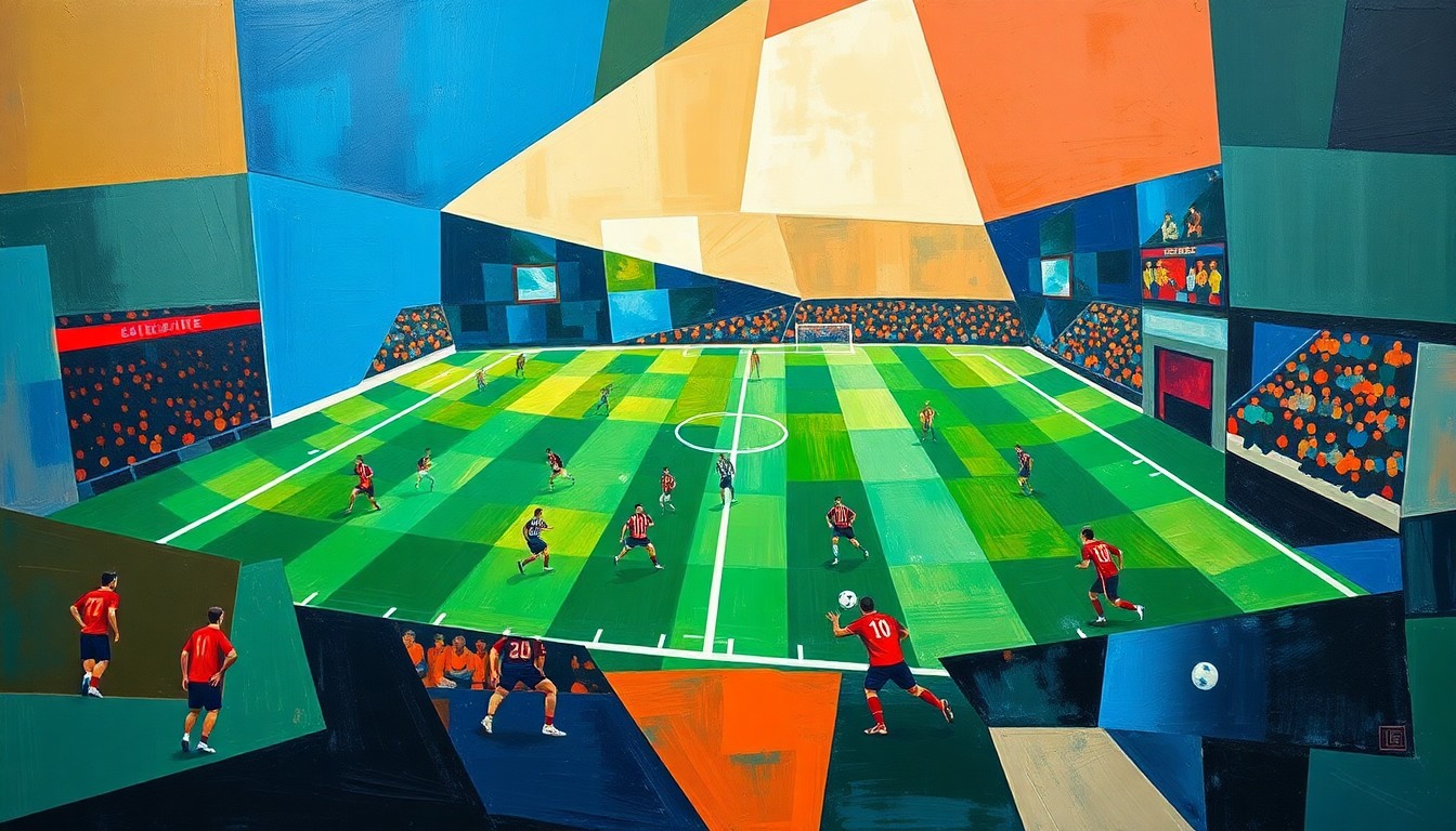 A fractured, cubist-style painting depicting an abstracted football game, with the players and field broken down into sharp, overlapping geometric shapes in a vibrant color palette.