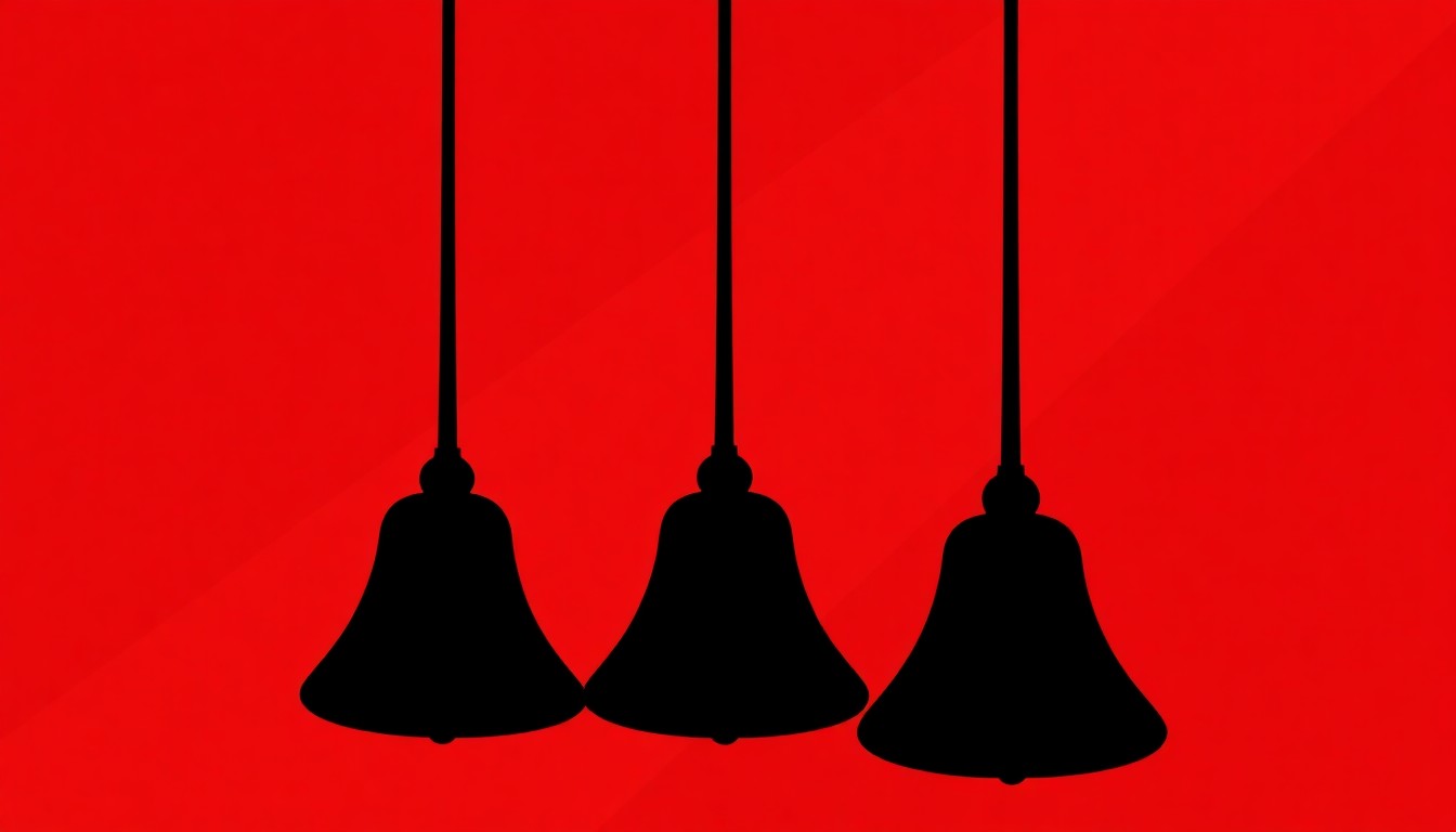 A minimalist, abstract illustration featuring bold black silhouettes of handbells against a high-contrast background of solid red and white shapes, conveying the musical energy and community spirit of the Classical Bells concert.