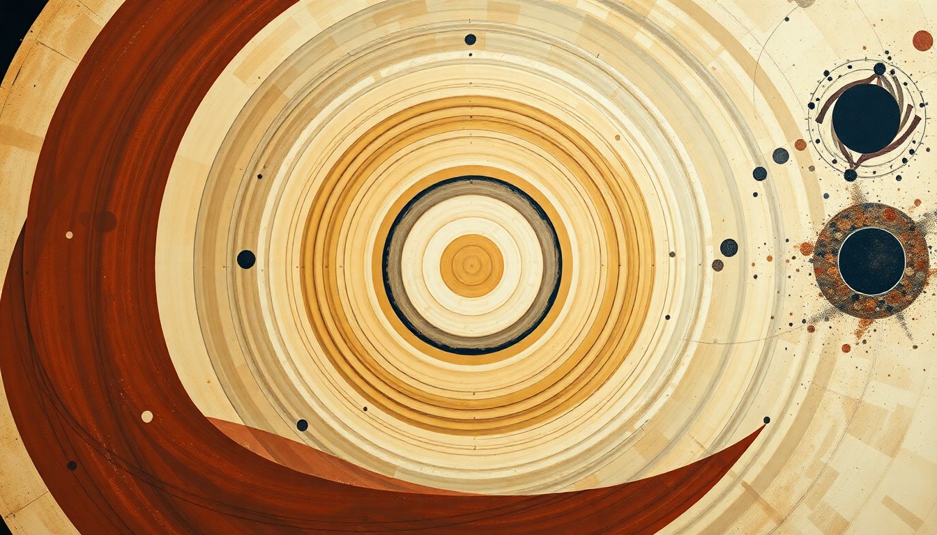 A bold, abstract painting in the style of Hilma af Klint, featuring sweeping geometric arcs, concentric circles, and precise spirals in earthy tones, representing the complex forces and concepts of space exploration.