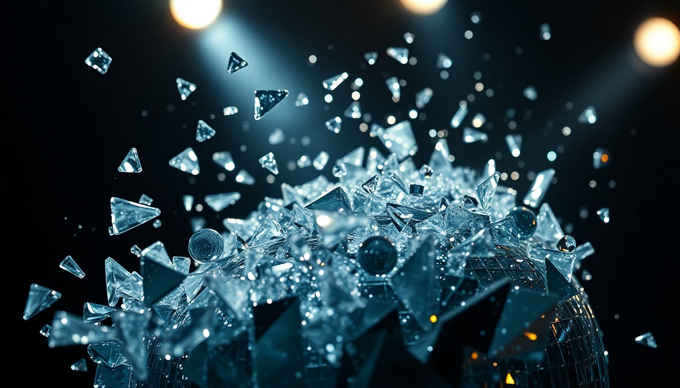 An abstract close-up photograph of shimmering, jagged glass shards reflecting dramatic studio lighting, conveying the intensity of the confrontation between the two entertainment personalities.