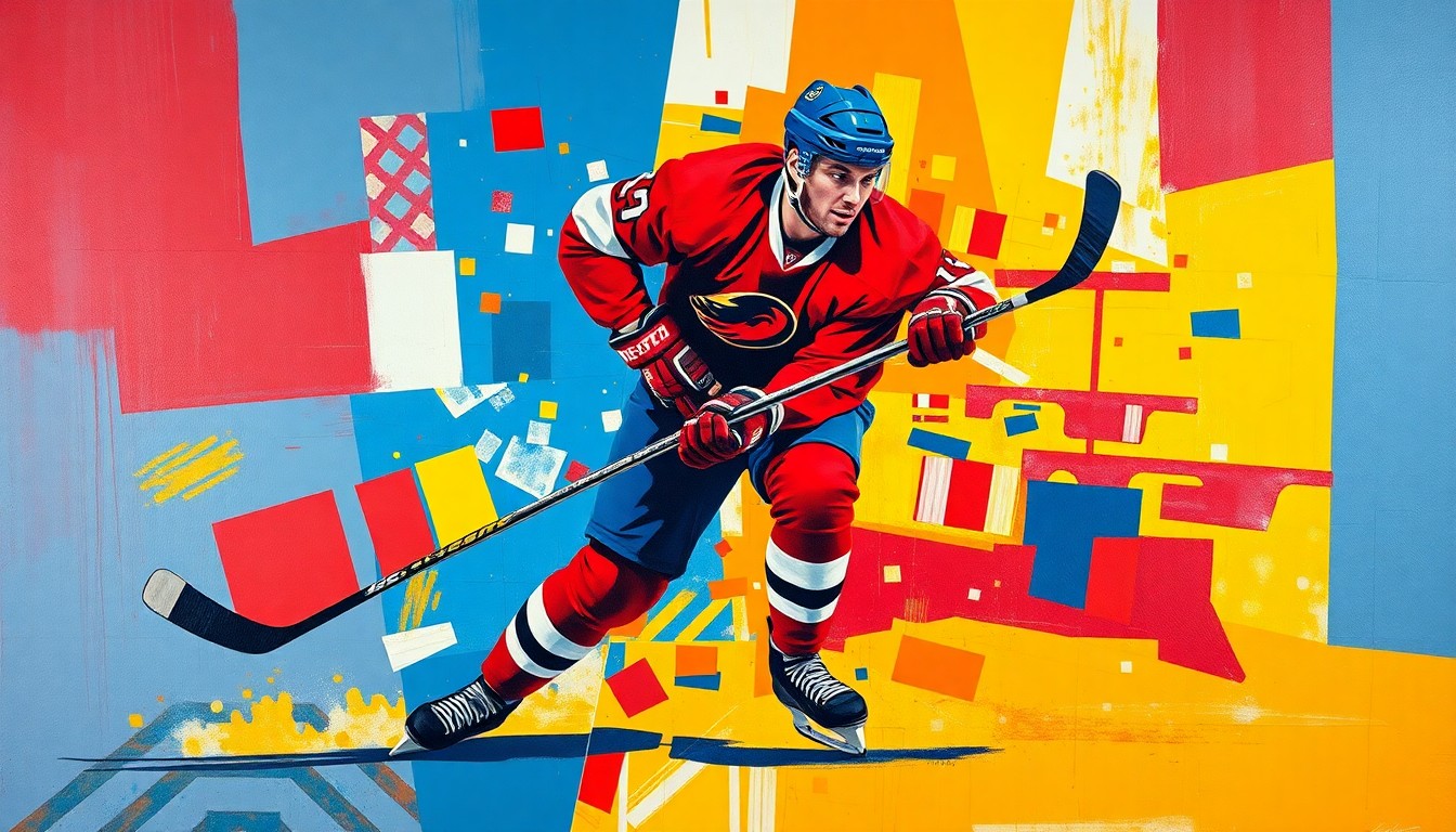 A cubist-style painting depicting a hockey player in mid-action, with their body broken down into sharp, overlapping geometric shapes in vibrant colors, capturing the raw energy and movement of the sport.