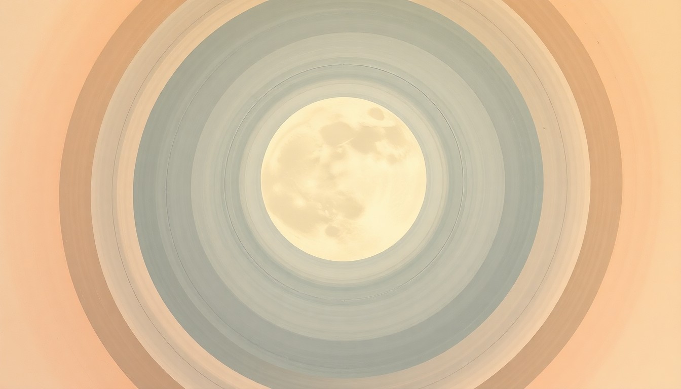 An abstract painting in soft, flat colors depicting sweeping geometric arcs, concentric circles, and precise spirals, representing the complex orbital forces that create a supermoon.