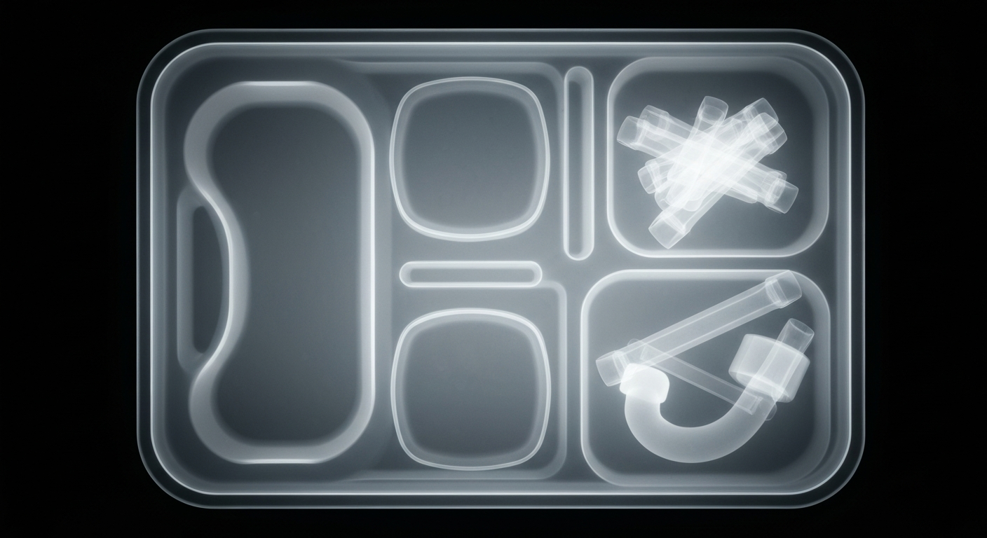 A translucent, ghostly X-ray image revealing the internal structures of a hospital food tray or medical equipment, conceptually representing the unseen contributions and impact of a healthcare worker's 50-year career.