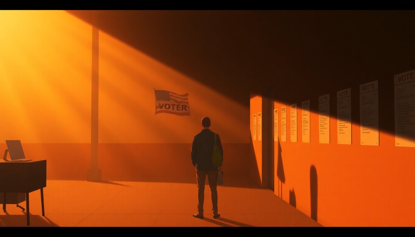 A realistic painting depicting a lone voter standing in line at a polling station, the scene bathed in warm, golden light and deep shadows, conveying a sense of quiet contemplation and civic duty.