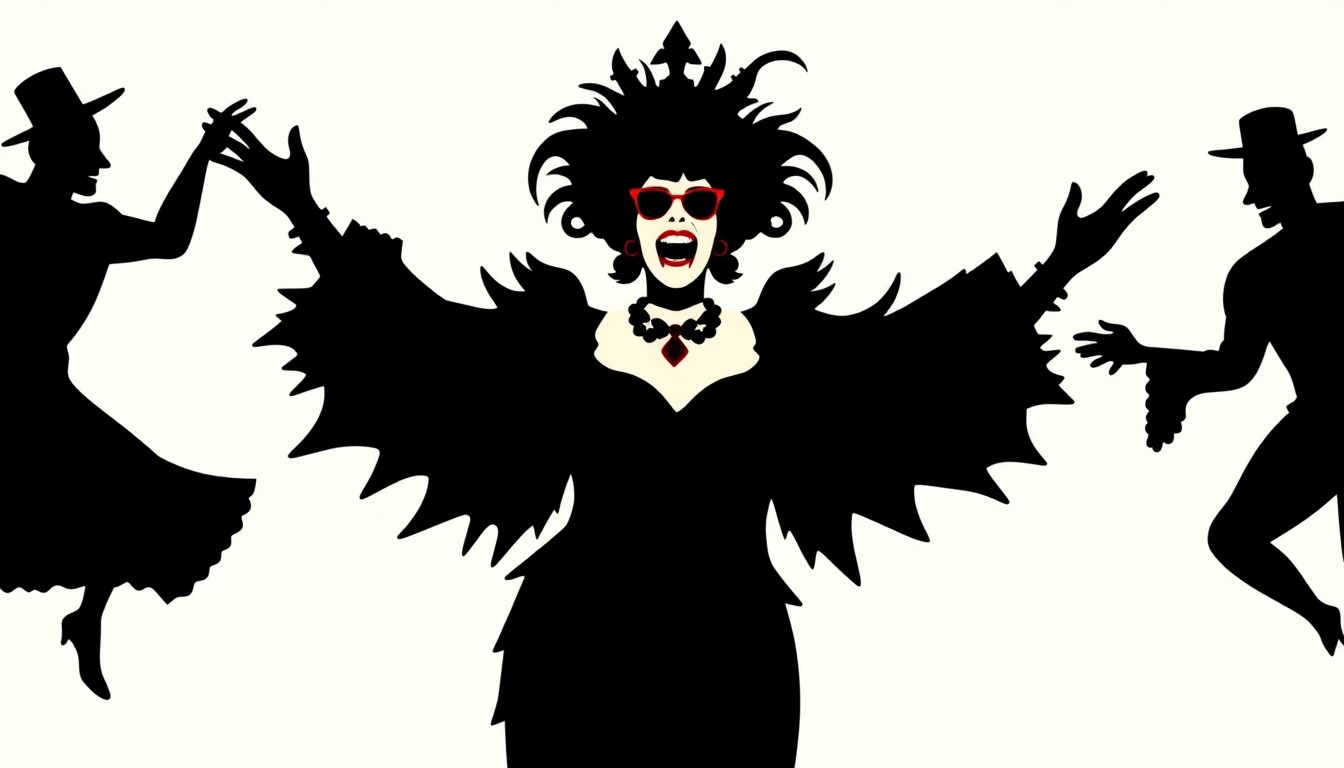 An abstract, minimalist illustration featuring sharp, angular cut-out shapes in high-contrast black and white, conceptually representing the bold and dynamic presence of a pantomime dame on stage.