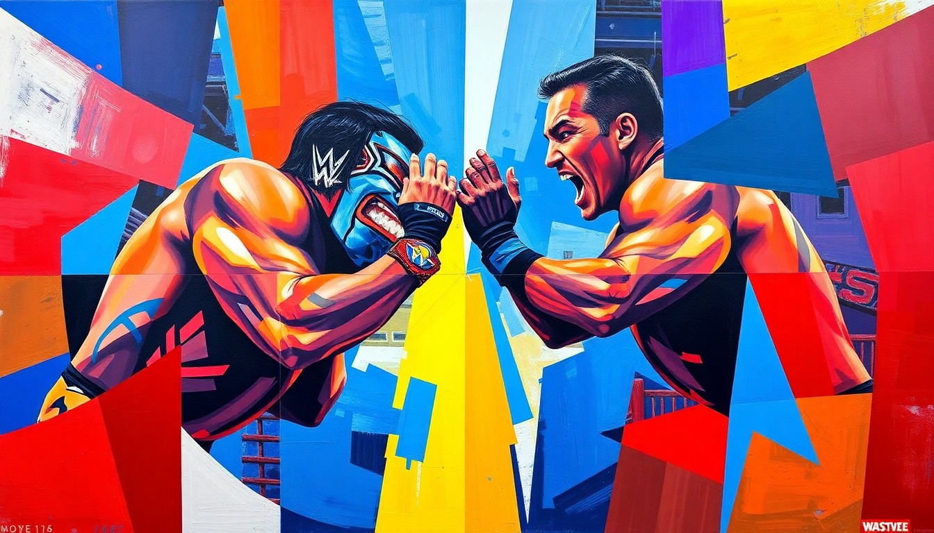 A fractured, multi-perspective painting depicting a wrestling match between two figures, their bodies and movements broken down into sharp, overlapping geometric shapes and planes in vibrant blue, red, and yellow hues.