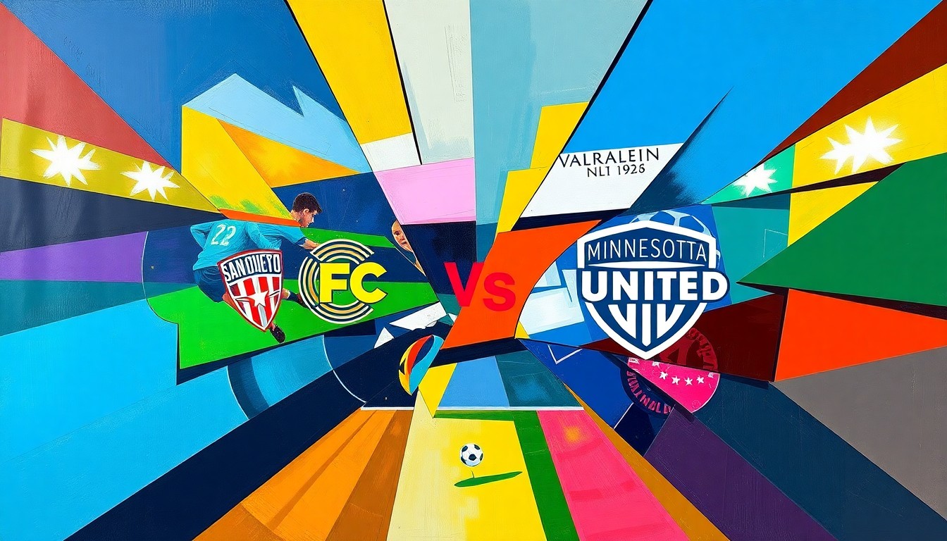 A dynamic, cubist-style painting depicting the action of a soccer match, with the players and field broken down into overlapping geometric shapes and planes in the team's official colors.