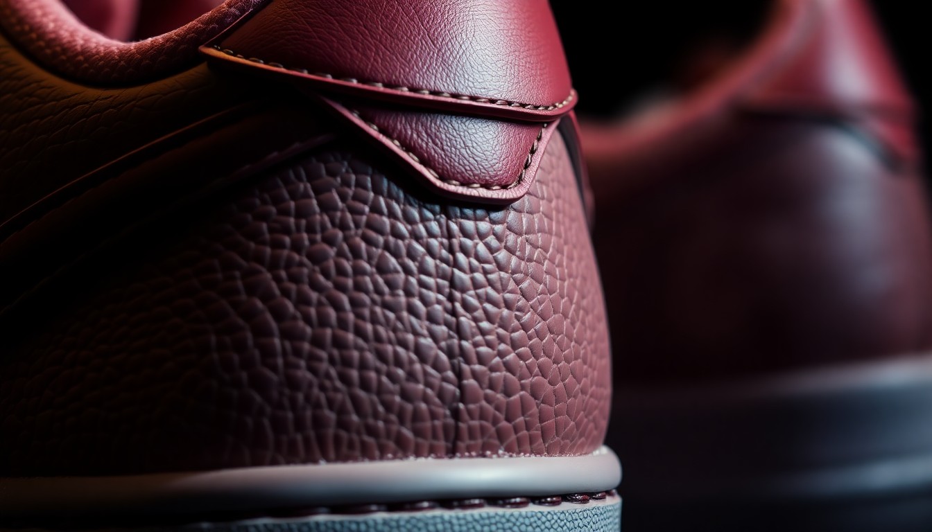 An abstract close-up photograph showcasing the intricate textures and gradient effects of the premium leather upper on the Nike Air Force 1 Low Made in Italy Pack, using dramatic lighting to create a high-fashion, glamorous aesthetic.