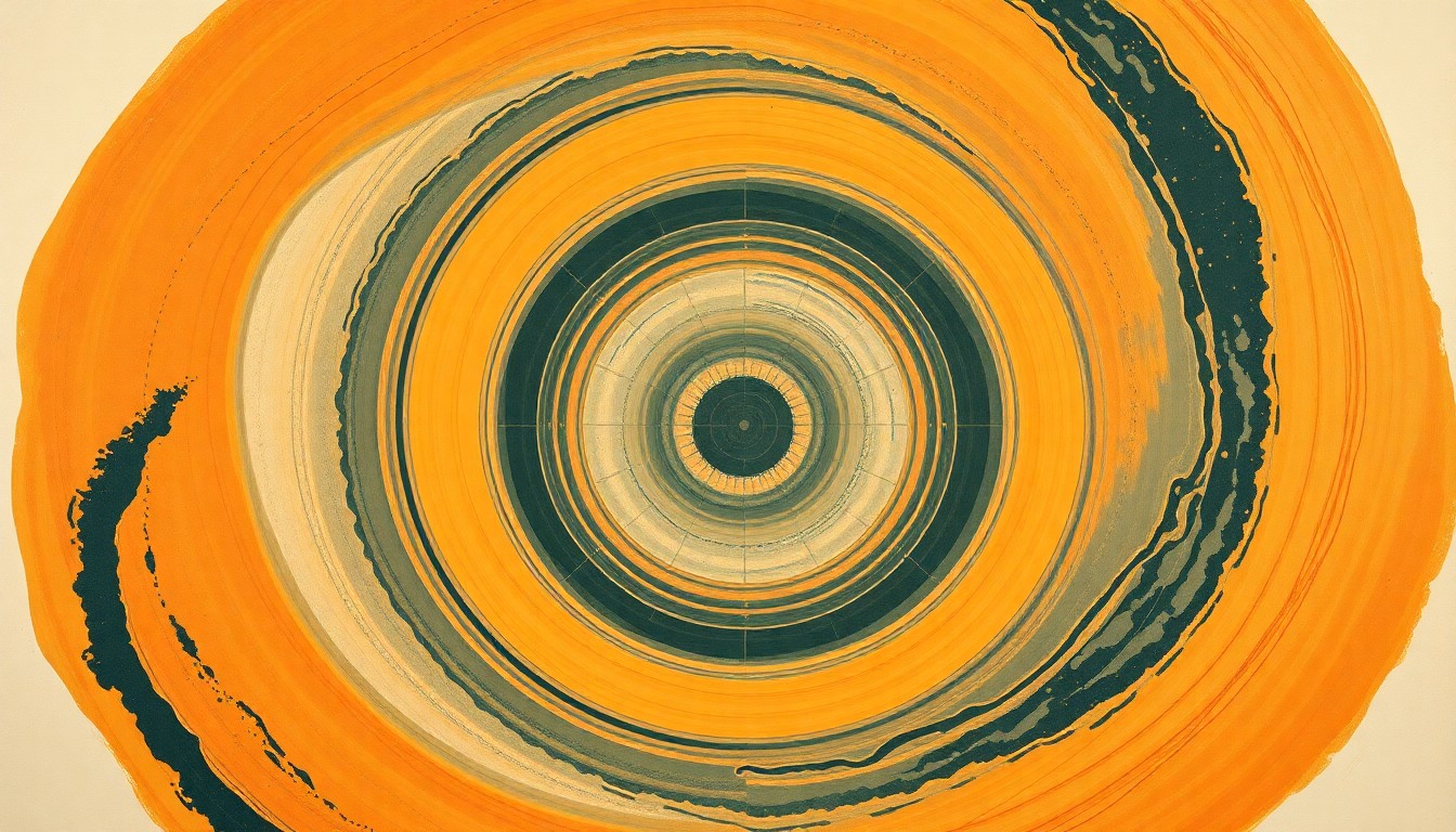 A bold, abstract painting in earthy tones featuring sweeping geometric arcs, concentric circles, and precise botanical spirals, conceptually representing the structural order and interconnected nature of Kīlauea's internal volcanic systems.