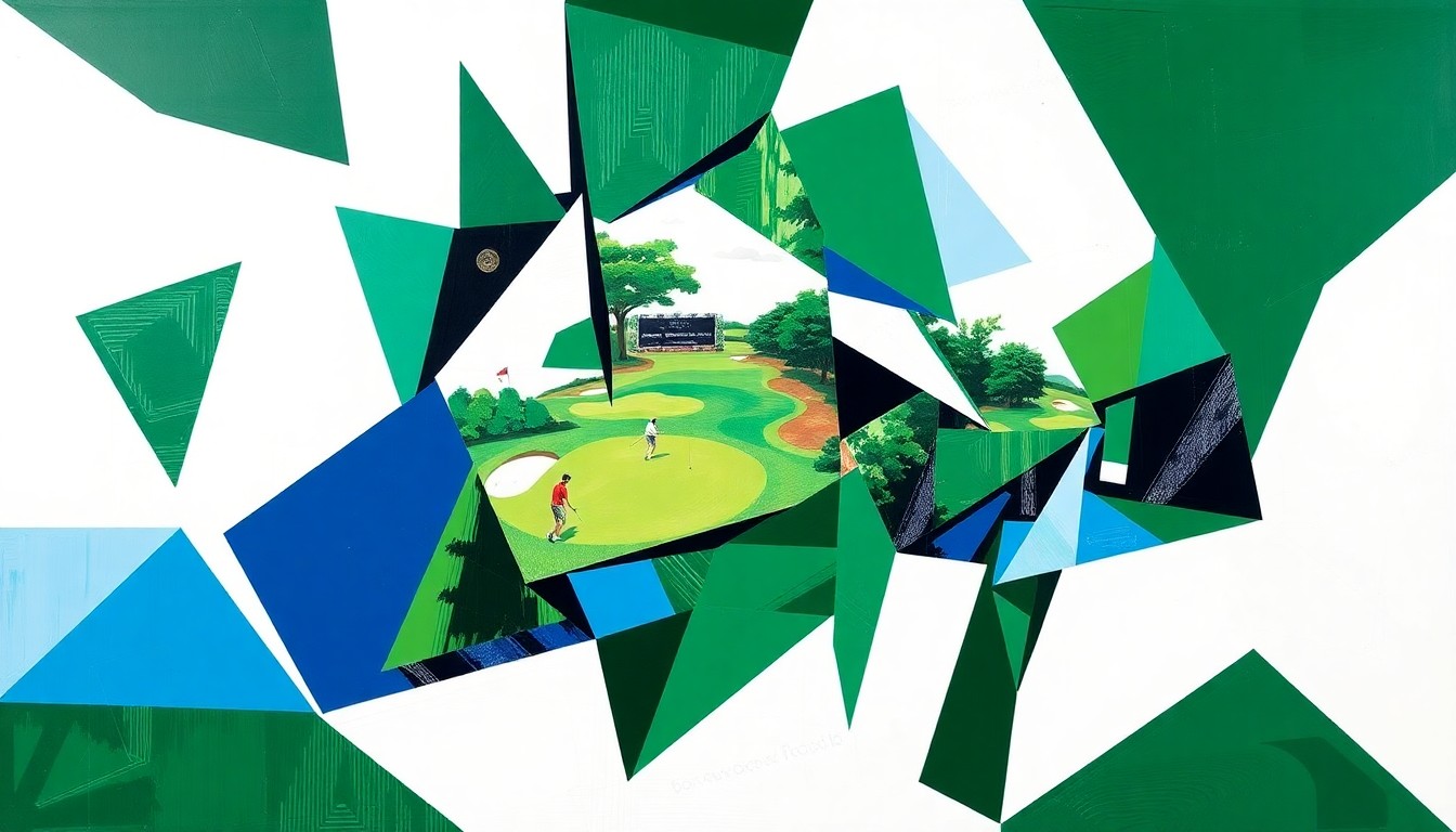 A fractured, cubist-style painting depicting the Augusta National Women's Amateur golf tournament, with sharp geometric planes in vibrant greens, whites, and blues capturing the energy and movement of the competition.