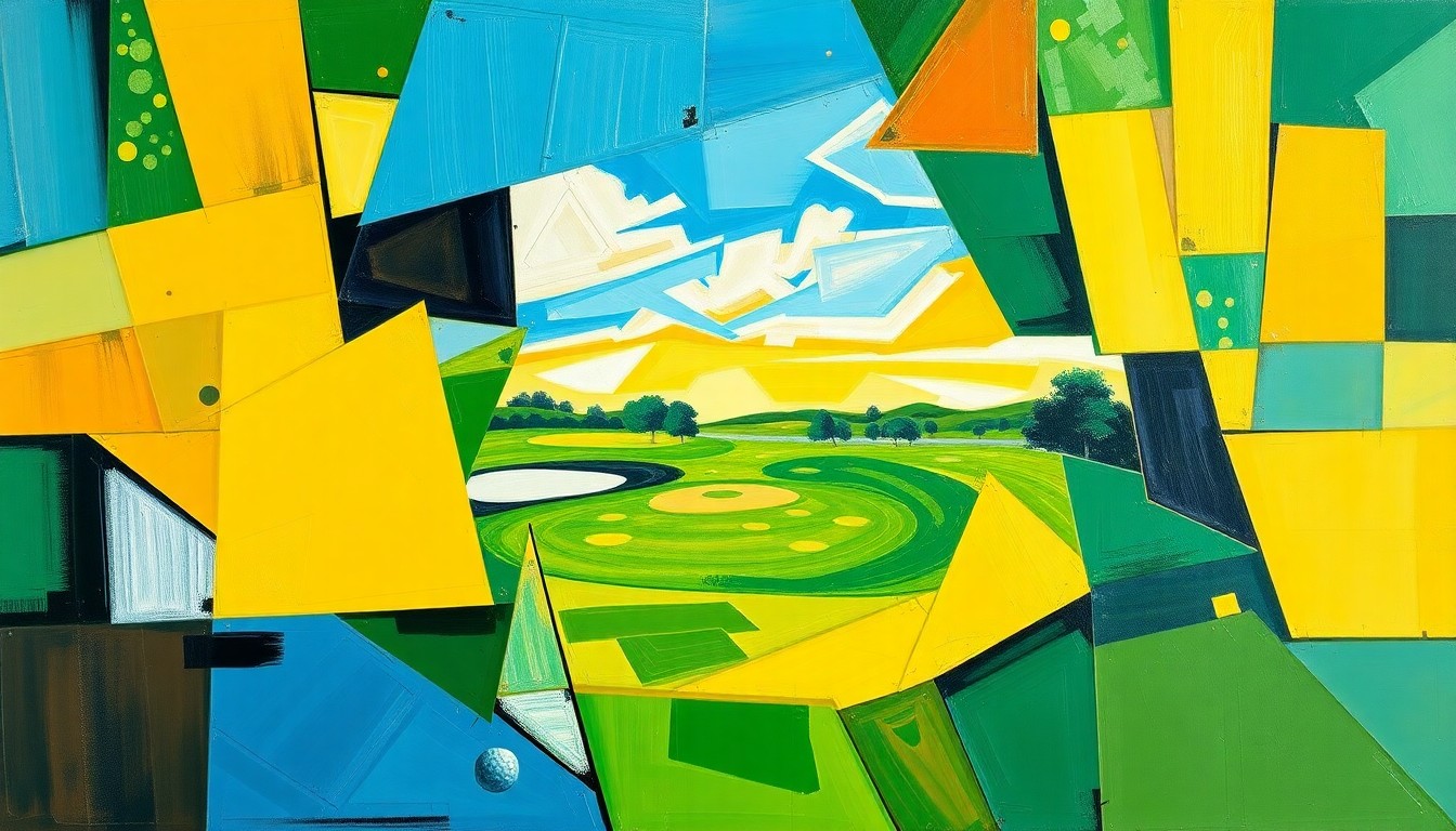 A cubist, geometric painting depicting a fractured, multi-perspective view of a golf tournament, with sharp, overlapping planes of vibrant colors representing the intense pressure and drama of the event.