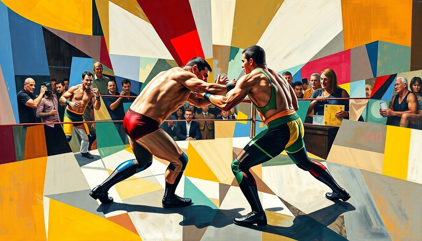 A cubist, geometric painting depicting the dynamic movements and collision of wrestlers in an abstract, multi-perspective style, conceptually representing the excitement and unpredictability of a championship event.
