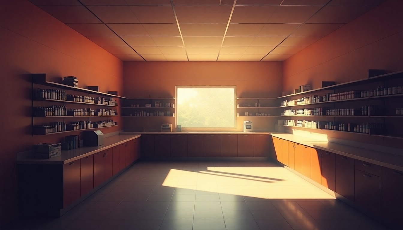 A quiet, cinematic painting of an empty pharmacy counter, bathed in warm, diagonal sunlight and deep shadows, conceptually representing the uncertain future of telehealth abortion access.